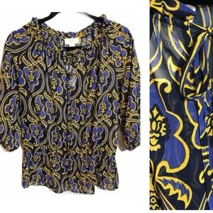 Ann Taylor LOFT Petites Purple and Yellow Semi Sheer Peasant Blouse